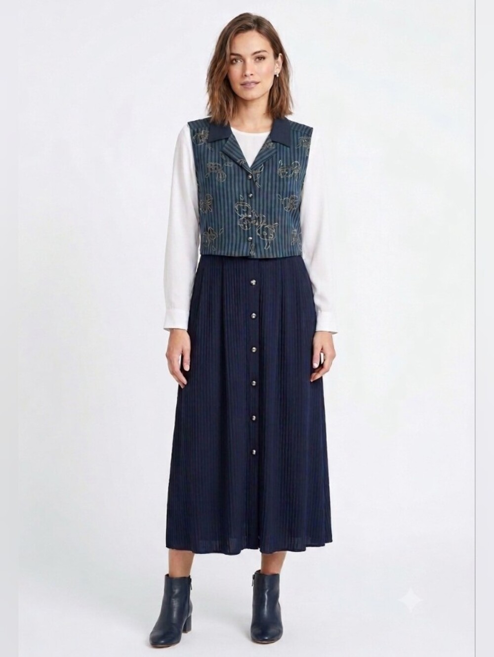 Classic Navy & White Long Sleeve Dress with Patterned Vest 12